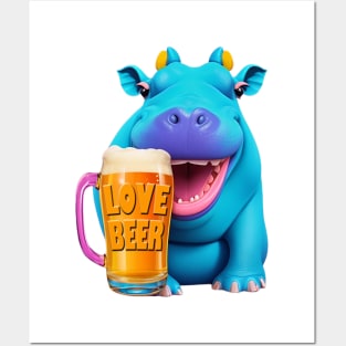 Smiling hippo with a beer mug Posters and Art